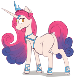 Size: 1645x1676 | Tagged: safe, artist:marsminer, princess amore, pony, unicorn, g4, belly, big belly, crown, female, jewelry, looking back, mare, pregamore, pregnant, regalia, smiling, solo