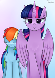 Size: 2480x3507 | Tagged: safe, artist:twidasher, rainbow dash, twilight sparkle, alicorn, pegasus, pony, g4, chest fluff, close-up, determined, duo, eyes closed, female, gradient background, height difference, high res, lesbian, looking at you, mare, ship:twidash, shipping, signature, size difference, twilight sparkle (alicorn)
