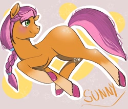 Size: 1400x1200 | Tagged: safe, artist:mayo_goddess, sunny starscout, earth pony, pony, g5, blushing, braid, female, mare, smiling, solo, text, unshorn fetlocks