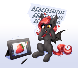 Size: 3984x3463 | Tagged: safe, artist:confetticakez, oc, oc only, oc:strawberry stylus, bat pony, pony, bat pony oc, chest fluff, commission, dialogue, drawing, drawing tablet, eeee, excited, female, food, high res, mare, sitting, solo, strawberry