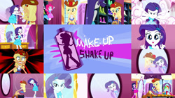 Size: 1280x722 | Tagged: safe, edit, edited screencap, editor:quoterific, screencap, applejack, pinkie pie, rainbow dash, rarity, twilight sparkle, equestria girls, g4, make up shake up, my little pony equestria girls: summertime shorts, :p, apple, bare shoulders, belt, boots, clothes, collage, cowboy boots, cowboy hat, cutie mark, cutie mark on clothes, duckface, eyes closed, fall formal outfits, female, food, hat, jumping, lipstick, mirror, open mouth, shocked, shoes, smooch, tongue out, twilight ball dress