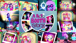 Size: 1280x722 | Tagged: safe, edit, edited screencap, editor:quoterific, screencap, apple bloom, applejack, fluttershy, photo finish, pinkie pie, rainbow dash, rarity, scootaloo, sweetie belle, twilight sparkle, a photo booth story, equestria girls, g4, my little pony equestria girls: summertime shorts, apple bloom's bow, belt, boots, bow, camera, clothes, cowboy boots, cowboy hat, cutie mark, cutie mark crusaders, cutie mark on clothes, eyes closed, fall formal outfits, female, hair bow, hairpin, hat, humane six, looking at you, open mouth, photo, shoes, snapping, twilight ball dress