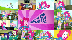 Size: 1280x721 | Tagged: safe, edit, edited screencap, editor:quoterific, screencap, big macintosh, flash sentry, fluttershy, micro chips, pinkie pie, rainbow dash, rarity, sandalwood, scribble dee, equestria girls, g4, my little pony equestria girls: summertime shorts, steps of pep, chess, clothes, collage, duo, duo female, eyes closed, female, football, glasses, male, megaphone, open mouth, singing, sitting, soccer field, the ponytones, unamused
