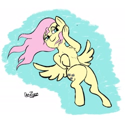 Size: 2117x2048 | Tagged: safe, artist:datzigga, fluttershy, pegasus, pony, g4, bedroom eyes, chest fluff, cute, draw me like one of your french girls, flowing mane, high res, lidded eyes, shyabetes, solo, spread wings, underhoof, wings