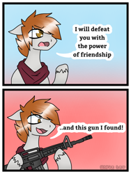 Size: 768x1024 | Tagged: safe, artist:misty__luv, oc, earth pony, pegasus, pony, unicorn, 2 panel comic, assault rifle, bait and switch, comic, cute, gun, m4 carbine, m4a1, meme, pink sky, ponified meme, rifle, simple background, weapon, white background