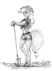 Size: 1000x1361 | Tagged: safe, artist:baron engel, applejack, earth pony, anthro, unguligrade anthro, g4, belly button, clothes, cowboy hat, female, freckles, hat, midriff, monochrome, pencil drawing, shorts, shovel, smiling, solo, stetson, traditional art, wavy mouth