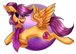 Size: 999x706 | Tagged: safe, artist:moshi.poni, scootaloo, pegasus, pony, g4, abstract background, butt wings, clothes, cutie mark, eyelashes, female, looking back, mare, open mouth, scarf, smiling, solo, the cmc's cutie marks, wings