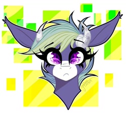 Size: 1080x991 | Tagged: safe, artist:moshi.poni, oc, oc only, pony, abstract background, bust, eyelashes, frown, horns, signature, solo