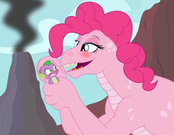 Size: 3445x2677 | Tagged: safe, artist:badumsquish, derpibooru exclusive, pinkie pie, spike, dinosaur, dragon, reptile, g4, my little pony: the manga, my little pony: the manga volume 1, bedroom eyes, blushing, dinosaurified, female, high res, holding a dragon, male, monochrome, petting, pinkiedragon, scared, ship:pinkiespike, shipping, size difference, species swap, straight, stranger danger, volcano
