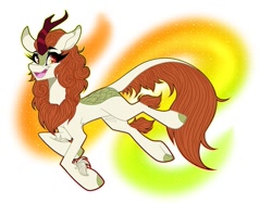 Size: 999x749 | Tagged: safe, artist:moshi.poni, autumn blaze, kirin, g4, abstract background, eyelashes, female, horn, leonine tail, open mouth, signature, smiling, solo