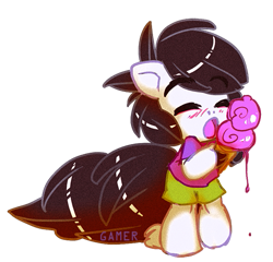 Size: 521x500 | Tagged: safe, artist:thegamercolt, oc, oc only, oc:thegamercolt, earth pony, anthro, big tail, clothes, fluffy, foal, food, ice cream, shirt, shorts, simple background, solo, t-shirt, transparent background