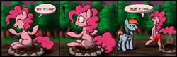 Size: 1200x390 | Tagged: safe, artist:metallicumbrage, pinkie pie, rainbow dash, earth pony, pegasus, pony, g4, balloonbutt, burned, burned butt, butt, butt fire, campfire, female, fire, literal butthurt, mare, pain, plot, reddened butt, sudden realization, tempting fate