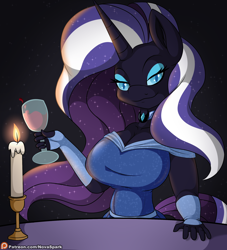 Size: 2000x2200 | Tagged: safe, artist:novaspark, nightmare rarity, anthro, g4, alcohol, candle, clothes, dress, explicit source, female, glass, high res, looking at you, solo, wine, wine glass