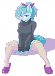 Size: 1603x2199 | Tagged: safe, artist:up1ter, oc, oc only, oc:whispy slippers, earth pony, anthro, bow, clothes, female, glasses, hair bow, simple background, slippers, socks, solo, stockings, sweater, sweater puppies, thigh highs, white background, zettai ryouiki