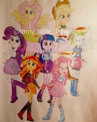 Size: 1080x1350 | Tagged: safe, artist:mmy_little_drawings, applejack, fluttershy, pinkie pie, rainbow dash, rarity, sunset shimmer, twilight sparkle, equestria girls, g4, boots, clothes, female, high heel boots, humane five, humane seven, humane six, ponied up, shoes, skirt, traditional art, watermark