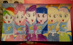 Size: 1080x668 | Tagged: safe, artist:mmy_little_drawings, applejack, fluttershy, pinkie pie, rainbow dash, rarity, twilight sparkle, equestria girls, g4, my little pony equestria girls, :d, bust, cheerleader, clothes, eyelashes, female, humane five, humane six, ponied up, traditional art, watermark