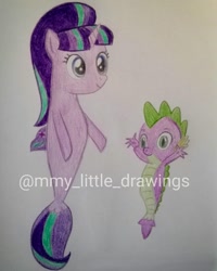 Size: 1080x1350 | Tagged: safe, artist:mmy_little_drawings, spike, starlight glimmer, dragon, sea dragon, seapony (g4), g4, cute, duo, female, male, seaponified, seapony starlight glimmer, ship:sparlight, shipping, smiling, species swap, spike the seadragon, straight, traditional art, watermark