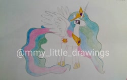 Size: 1080x681 | Tagged: safe, artist:mmy_little_drawings, princess celestia, alicorn, pony, g4, female, hoof shoes, horn, jewelry, mare, peytral, solo, tiara, traditional art, watermark, wings