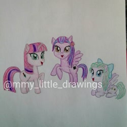 Size: 1080x1080 | Tagged: safe, artist:mmy_little_drawings, oc, oc only, earth pony, pegasus, pony, bow, earth pony oc, eyelashes, female, hair bow, lying down, mare, open mouth, pegasus oc, prone, rearing, smiling, traditional art, watermark, wings
