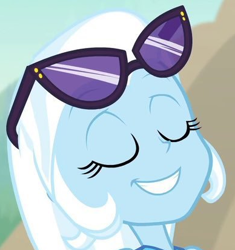 Size: 388x412 | Tagged: safe, edit, edited screencap, screencap, trixie, equestria girls, equestria girls specials, g4, my little pony equestria girls: better together, my little pony equestria girls: forgotten friendship, cropped, eyes closed, sunglasses, sunglasses on head
