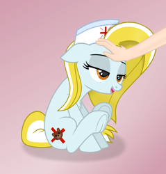 Size: 2552x2665 | Tagged: safe, artist:chomakony, oc, oc only, oc:nurse reisol, earth pony, human, pony, chest fluff, earth pony oc, female, floppy ears, frog (hoof), gradient background, hand, hat, head pat, high res, human on pony petting, lidded eyes, mare, nurse, nurse hat, offscreen character, open mouth, pat, petting, show accurate, simple background, sitting, underhoof