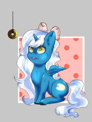 Size: 3000x4000 | Tagged: safe, artist:mrs-lullaby, oc, oc:fleurbelle, alicorn, pony, alicorn oc, bow, chest fluff, donut, ear fluff, female, food, glaze, hair bow, herbivore, horn, mare, sitting, sprinkles, tongue out, wingding eyes, wings, yellow eyes