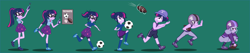 Size: 2500x533 | Tagged: safe, artist:magerblutooth, sci-twi, twilight sparkle, equestria girls, g4, american football, ball, female, football, football helmet, green background, helmet, muscles, personality change, simple background, solo, sports, transformation, transformation sequence, twilight muscle
