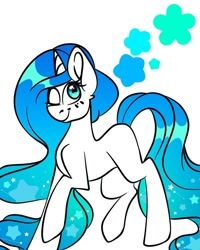 Size: 1080x1350 | Tagged: safe, alternate version, artist:tessa_key_, oc, oc only, pony, unicorn, ethereal mane, female, horn, mare, one eye closed, partial color, raised hoof, simple background, smiling, solo, starry mane, unicorn oc, white background, wink