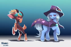 Size: 2048x1365 | Tagged: safe, artist:nifaumo, shanty (tfh), trixie, goat, pony, them's fightin' herds, g4, community related, crossover, duo, female, looking at you, mare, rearing