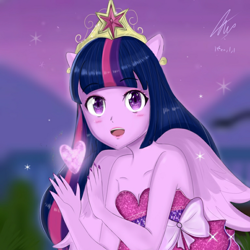 Size: 768x768 | Tagged: safe, artist:namieart, twilight sparkle, alicorn, equestria girls, g4, my little pony equestria girls, bare shoulders, big crown thingy, blurry background, blushing, bust, cute, element of magic, fall formal outfits, heart, jewelry, looking at you, open mouth, ponied up, regalia, sleeveless, solo, strapless, twiabetes, twilight sparkle (alicorn)