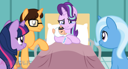 Size: 2283x1231 | Tagged: safe, artist:amgiwolf, starlight glimmer, oc, oc:brandon, earth pony, pony, g4, baby, baby pony, base used, bed, bust, canon x oc, commission, earth pony oc, female, hat, hospital bed, indoors, male, mare, offspring, parent:starlight glimmer, parents:canon x oc, raised hoof, smiling, stallion, ych result