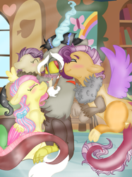 Size: 899x1200 | Tagged: safe, artist:cocolove2176, discord, fluttershy, oc, oc:coraliss rose, oc:disillusion, draconequus, hybrid, pegasus, pony, g4, book, bookshelf, cheek kiss, draconequus oc, eyes closed, female, heart, indoors, interspecies offspring, kiss sandwich, kissing, male, mare, offspring, parent:discord, parent:fluttershy, parents:discoshy, ship:discoshy, shipping, straight, wings
