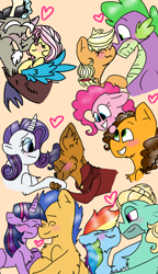 Size: 540x938 | Tagged: safe, artist:cocolove2176, applejack, capper dapperpaws, cheese sandwich, discord, flash sentry, fluttershy, pinkie pie, rainbow dash, rarity, spike, twilight sparkle, zephyr breeze, abyssinian, alicorn, draconequus, dragon, earth pony, pegasus, pony, unicorn, g4, bedroom eyes, blushing, bust, capperity, clothes, eyelashes, eyes closed, female, grin, heart, hoof kissing, male, mane seven, mane six, mare, ship:applespike, ship:cheesepie, ship:discoshy, ship:flashlight, ship:zephdash, shipping, smiling, stallion, straight, twilight sparkle (alicorn), wings