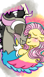 Size: 540x938 | Tagged: safe, artist:cocolove2176, discord, fluttershy, draconequus, pegasus, pony, g4, abstract background, blushing, bust, female, male, mare, ship:discoshy, shipping, smiling, straight, two toned wings, wings