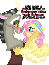 Size: 899x1200 | Tagged: safe, artist:cocolove2176, discord, fluttershy, draconequus, pegasus, pony, g4, blushing, bust, cheek squish, eyelashes, female, floral head wreath, flower, grammar error, heart, male, mare, ship:discoshy, shipping, simple background, smiling, squishy cheeks, straight, talking, white background, wings
