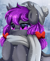 Size: 1446x1764 | Tagged: safe, artist:pridark, oc, oc only, oc:nocturnal grapes, bat pony, pony, bat pony oc, beanie, bow, bust, clothes, commission, cute, fangs, female, hat, ocbetes, portrait, purple background, scarf, simple background, snow, snowfall, solo
