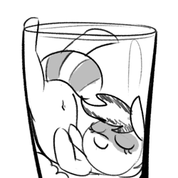 Size: 1000x1000 | Tagged: safe, artist:tjpones, oc, oc only, oc:bandy cyoot, hybrid, pony, raccoon, raccoon pony, belly button, cup, cup of pony, cute, eyes closed, female, glass, glass of pony, grayscale, mare, micro, monochrome, ocbetes, simple background, solo, white background