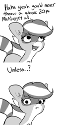 Size: 1000x2000 | Tagged: safe, artist:tjpones, oc, oc only, oc:bandy cyoot, hybrid, pony, raccoon, raccoon pony, 2 panel comic, comic, dialogue, female, looking at you, mare, monochrome, simple background, solo, white background