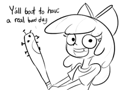Size: 1380x1000 | Tagged: safe, artist:tjpones, apple bloom, equestria girls, g4, baseball bat, black and white, female, grayscale, looking at you, monochrome, nail, simple background, solo, talking to viewer, team fortress 2, threat, tooth gap, weapon, white background