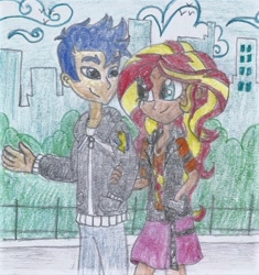 Size: 729x777 | Tagged: safe, artist:nephilim rider, flash sentry, sunset shimmer, equestria girls, g4, female, male, ship:flashimmer, shipping, straight, traditional art