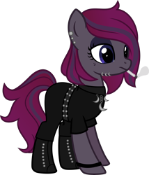 Size: 5000x5831 | Tagged: safe, artist:n0kkun, oc, oc only, oc:raven mist, earth pony, pony, belt, boots, cigarette, cigarette smoke, clothes, ear piercing, earring, eyeshadow, female, freckles, jewelry, makeup, mare, pants, piercing, shirt, shoes, simple background, smoke, smoking, solo, t-shirt, transparent background, wristband