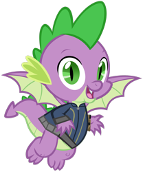 Size: 1280x1537 | Tagged: safe, artist:andoanimalia, artist:php170, spike, dragon, fallout equestria, g4, clothes, fallout, flying, jumpsuit, looking at you, male, open mouth, pipboy, simple background, solo, transparent background, vault suit, vector, winged spike, wings