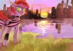 Size: 2048x1431 | Tagged: safe, artist:swaybat, oc, oc only, oc:swaybat, bat pony, pony, bat pony oc, building, grass, reflection, solo, water