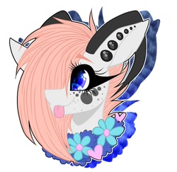 Size: 1000x970 | Tagged: safe, alternate version, artist:moshi.poni, oc, oc only, pony, :p, abstract background, bust, colored, ear piercing, eyelashes, female, floral necklace, hair over one eye, horns, mare, piercing, solo, tongue out