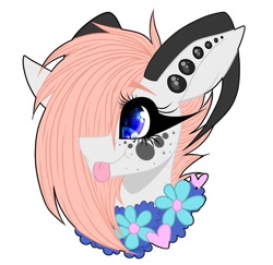 Size: 1002x975 | Tagged: safe, alternate version, artist:moshi.poni, oc, oc only, pony, :p, background removed, bust, colored, ear piercing, eyelashes, female, floral necklace, hair over one eye, horns, mare, piercing, simple background, solo, tongue out, white background