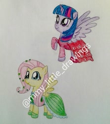 Size: 1080x1217 | Tagged: safe, artist:mmy_little_drawings, fluttershy, twilight sparkle, alicorn, pegasus, pony, g4, clothes, dress, duo, eyelashes, female, gala dress, hoof shoes, horn, mare, raised hoof, smiling, traditional art, twilight sparkle (alicorn), watermark