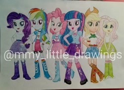 Size: 1080x788 | Tagged: safe, artist:mmy_little_drawings, applejack, fluttershy, pinkie pie, rainbow dash, rarity, twilight sparkle, equestria girls, g4, boots, clothes, cutie mark, cutie mark on clothes, eyelashes, female, hat, high heel boots, humane five, humane six, obtrusive watermark, shoes, skirt, smiling, traditional art, watermark