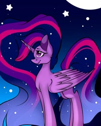 Size: 1080x1350 | Tagged: safe, alternate version, artist:tessa_key_, twilight sparkle, alicorn, pony, g4, the last problem, colored, ethereal mane, female, full moon, horn, mare, moon, older, older twilight, older twilight sparkle (alicorn), princess twilight 2.0, smiling, starry mane, stars, twilight sparkle (alicorn), wings