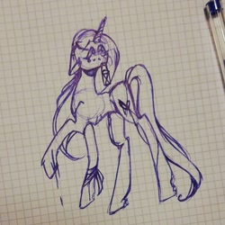 Size: 1080x1080 | Tagged: safe, artist:tessa_key_, oc, oc only, pony, unicorn, horn, lineart, lined paper, looking back, raised hoof, solo, traditional art, unicorn oc