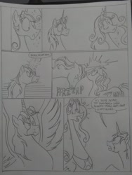 Size: 1944x2592 | Tagged: safe, artist:princebluemoon3, oc, oc:king speedy hooves, oc:queen galaxia (bigonionbean), alicorn, pony, comic:sisterly silliness, alicorn oc, black and white, blushing, canterlot, canterlot castle, castle, clothes, comic, commissioner:bigonionbean, confused, crossed hooves, cutie mark, dialogue, family, female, fusion, fusion:big macintosh, fusion:flash sentry, fusion:princess cadance, fusion:princess celestia, fusion:princess luna, fusion:shining armor, fusion:trouble shoes, fusion:twilight sparkle, grayscale, horn, husband and wife, jewelry, magic, male, mare, monochrome, pointing, regalia, royalty, sitting, spread wings, stallion, throne room, traditional art, wings, writer:bigonionbean
